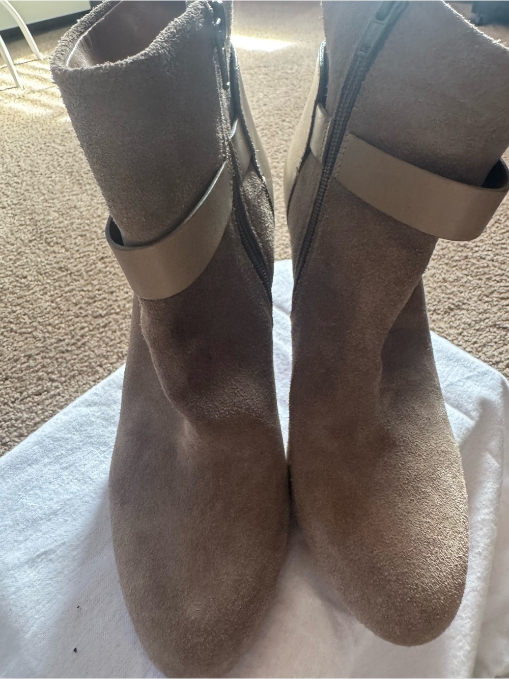 Coach Taupe Suede Ankle Booties with Leather Strap Detail